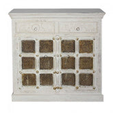 Indian Embossed Antique Brass work Solid wood 2 Door Sideboard White 110cm